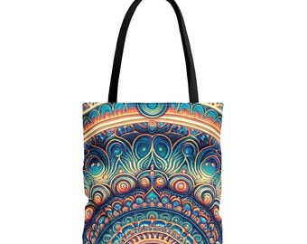 Colorful Unique Mandala Tote Bag, Boho Style Bag, Eco Friendly Shopping Bag, Gift for Her, Festival Essential, Art Bag, Yarn Bag