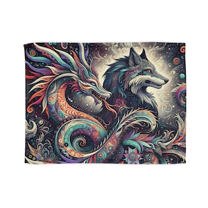 Betoverende zachte polyester deken Dragon & Wolf | Gezellig huisdecor, uniek cadeau voor dierenliefhebbers, beddengoed in bohostijl, kunstdeken, fantasie