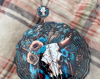 Boho Cow Skull Wind Spinner – Western Floral Metal Garden Art