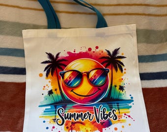 Summer Vibes Canvas Tote Bag – Retro Smiley Face Beach Bag