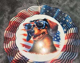 Patriotic Dachshund Wind Spinner – Rustic Garden Decor, Outdoor Hanging Art