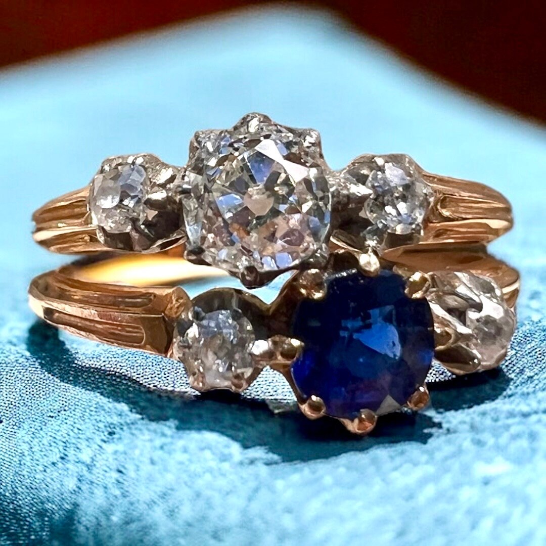 Antique 18k Gold Diamond & Sapphire Six-Stone Toi et Moi Ring. Vintage engagement, stacker, anniversary, birthday, Christmas gift for her.