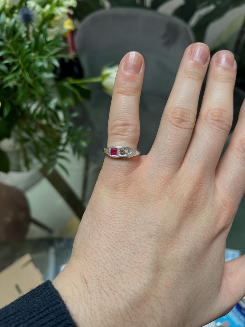 Pode incluir: Um anel de prata com uma pedra vermelha retangular, uma pedra castanha redonda e uma pequena pedra transparente. O anel est&aacute; num dedo, com um fundo desfocado de flores e uma mesa.