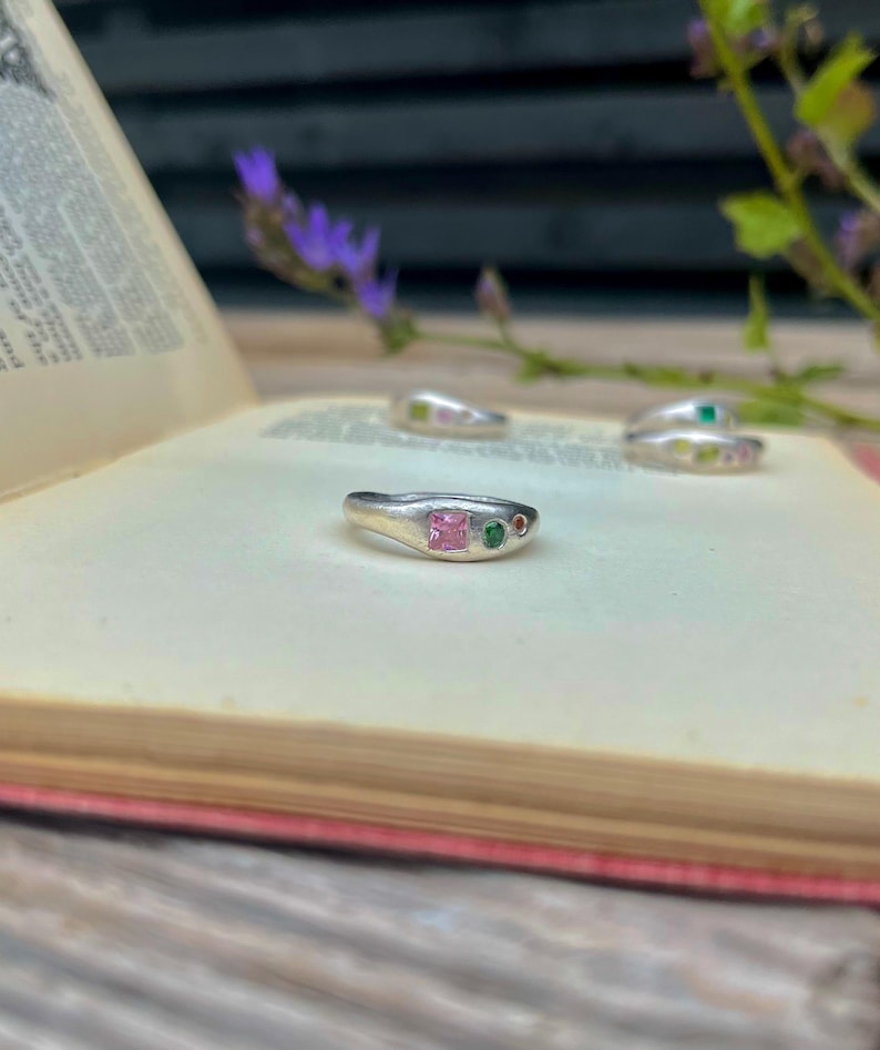 Silver Ring Set With Pretty Gemstones | Organic Ring | Molten Ring ...