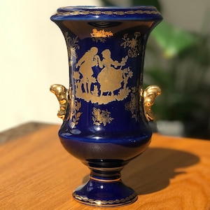 Vintage T.Limoges Cobalt Blue Porcelain Vase With Gold Accent. Made in France.