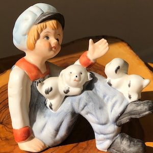 Capodimonte Vintage Biscuit Porcelain Collectible Figurine Boy With Puppies. Made in Italy