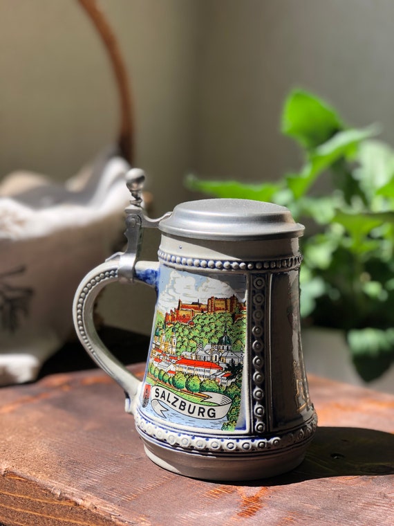 ヴィンテージ GERZ セラミック ビールジョッキ ピューター蓋付き