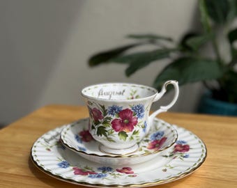 Vintage Royal Albert August Poppy Tea Cup, Saucer, Side Plate Trio, Bone China England