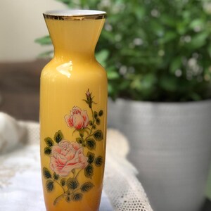 Vintage Bristol Yellow Glass Hand Painted Vase With Gold Trim