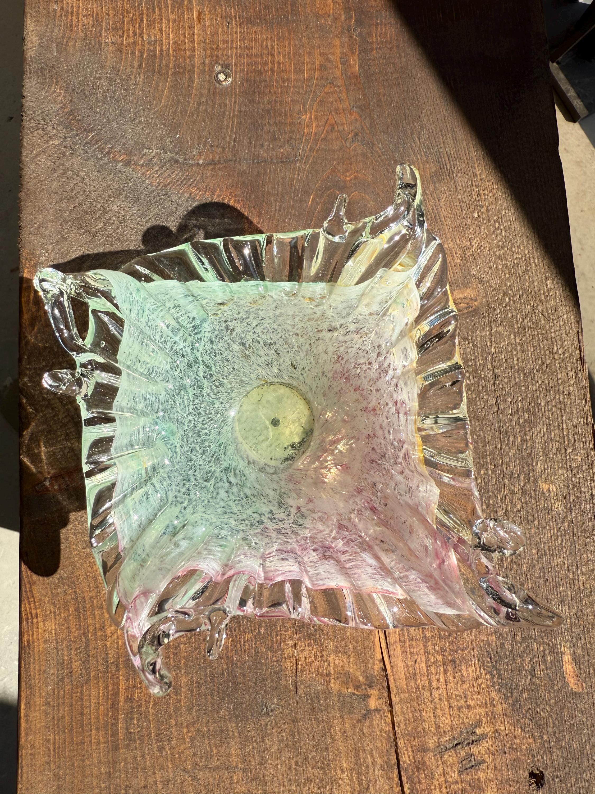 Vintage Murano Glass Bowl Dish With Metal Decorative Leg . Made in