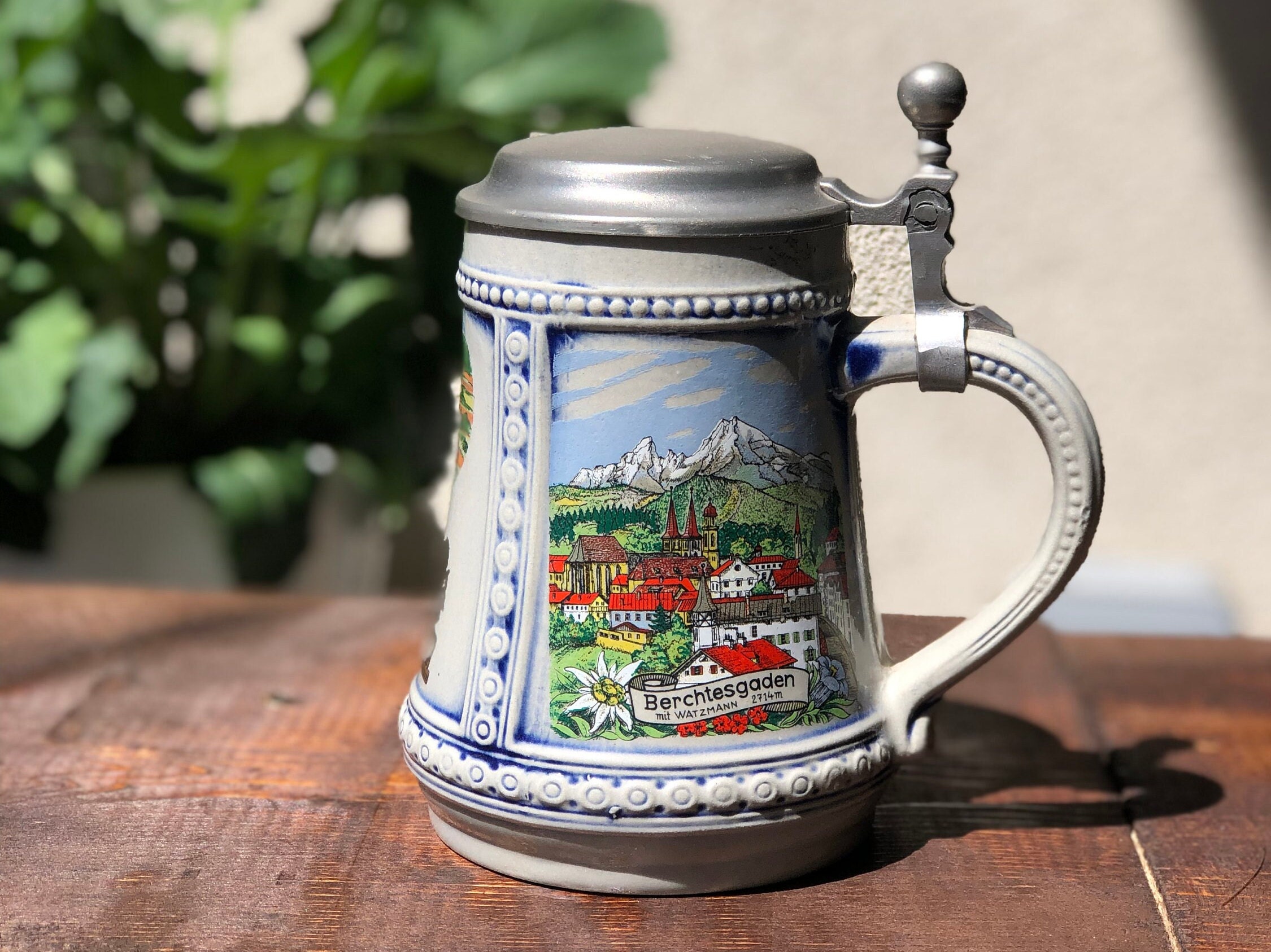 Genuine German ビールジョッキ ヴィンテージ GERZ セラミック ビールジョッキ ピューター蓋付き