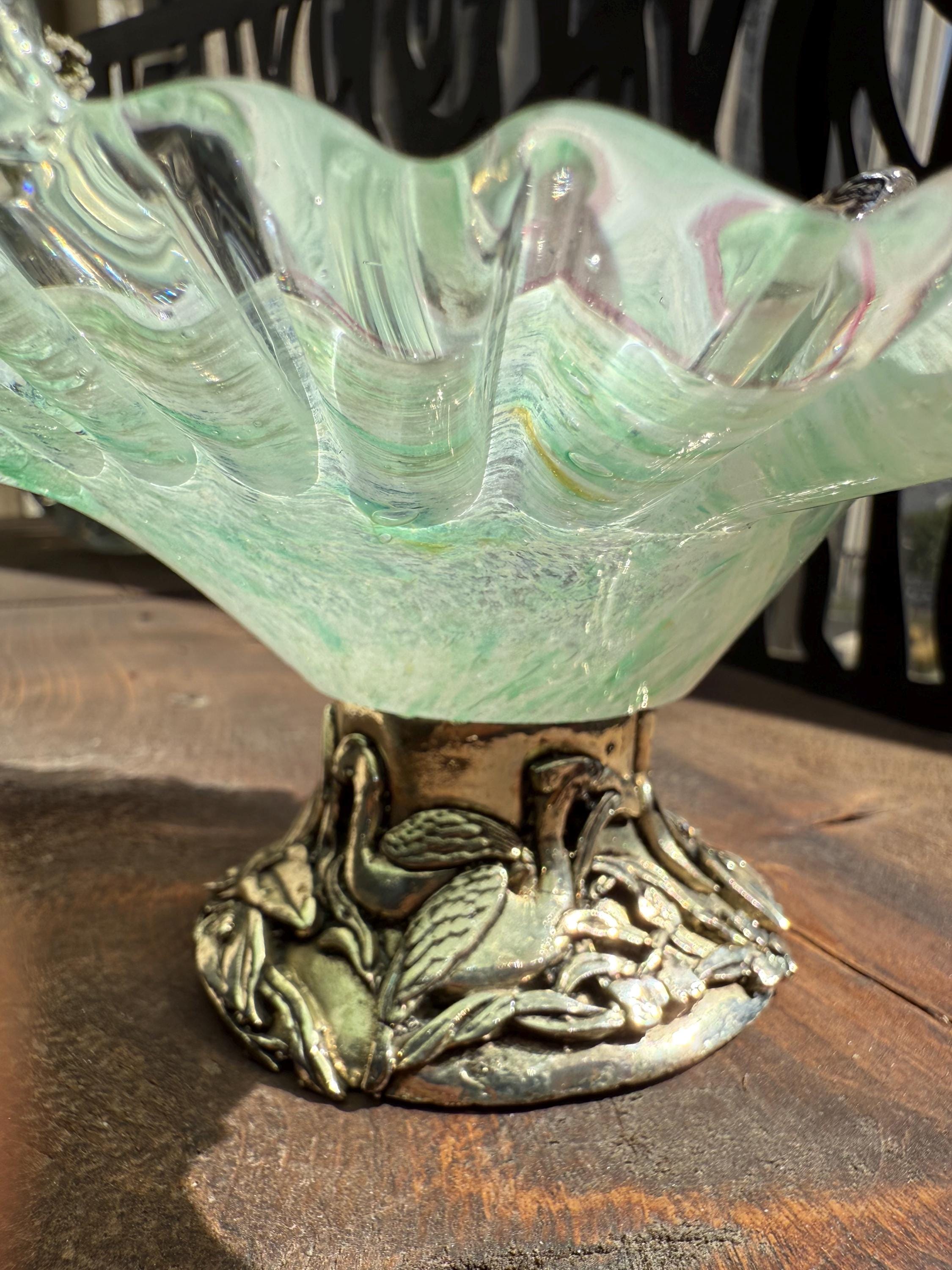 Vintage Murano Glass Bowl Dish With Metal Decorative Leg . Made in