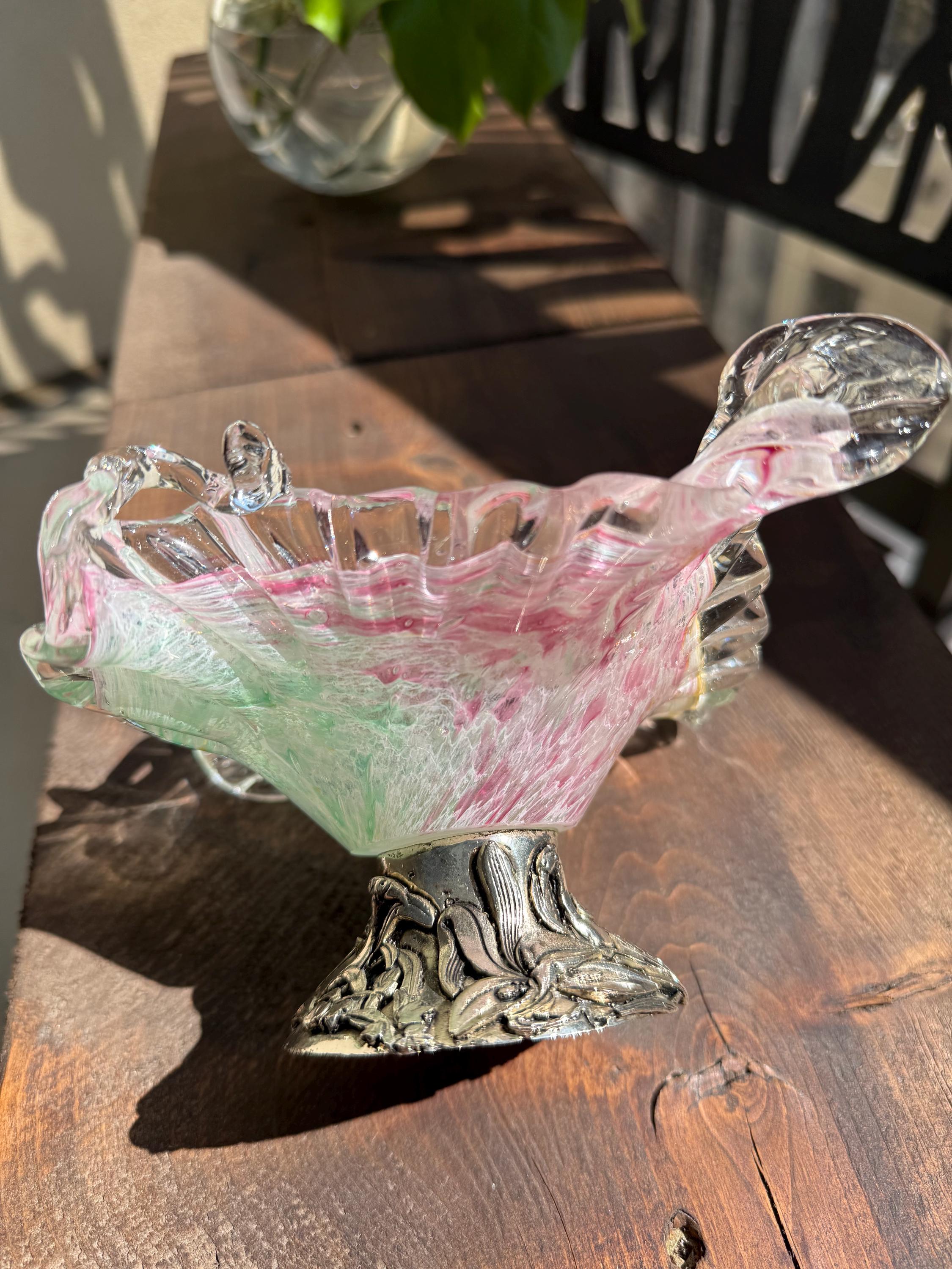 Vintage Murano Glass Bowl Dish With Metal Decorative Leg . Made in