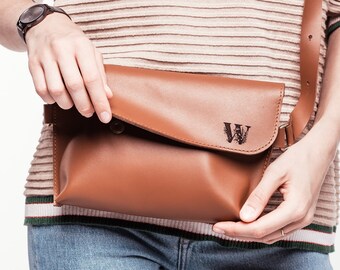 Leather Crossbody Bag, Women's Small Fanny Pack, Crossbody Purse with Monogram, Shoulder Bag, Customized Handbag, Handmade Bag Personalized