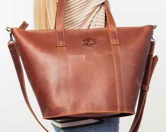 Leather Travel Satchel, Women's Tote Bag, Engraved Leather Bag, Shoulder Bag, Crossbody Strap Bag with Zipper and Outside Pocket, Mom's Gift