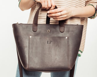 Leather Handbag for Women with Monogram, Engraved Tote Bag, Personalized Work Bag, Zipper Bag with Adjustable Shoulder Strap, Gift for Mom