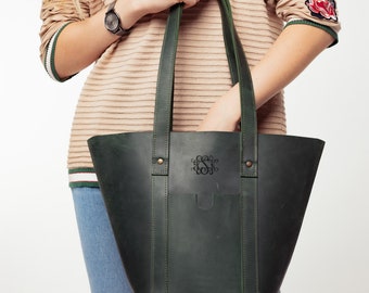 Personalized Leather Tote Bag, Custom Totes, Monogram Bag, Women Tote for Toiletries or Electronic Devices, Long Handles Tote with Zipper