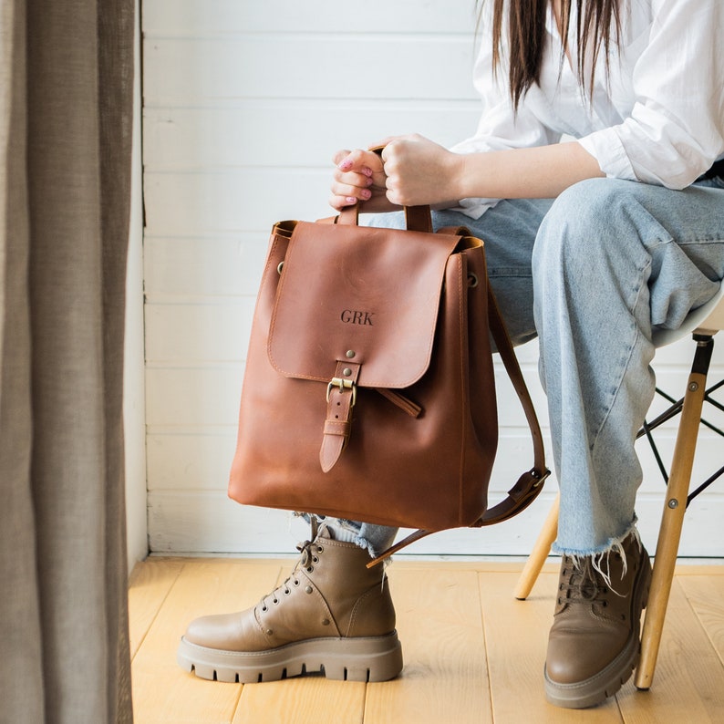 Full Grain Leather Backpack, Personalized Leather Backpack, Ladies Rucksack, Gifts for Her, Handmade Backpack for Travel, Work Bag for Women image 10