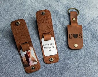 Multi-Photo Leather Keychain,Picture Key Chain,Personalized Photo Keyring,Engraved Heart Leather Keychain with Photo,Gift for Her,Men's Gift