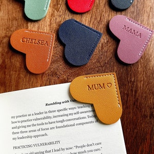 Personalized Vegan Leather Heart Shaped Corner Bookmark: Custom Stamped Reader Gift, Valentines Day, Birthday