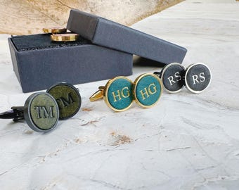Personalized Leather Cufflinks, Stainless Steel, Groom, Groomsmen, Husband, Wedding, Anniversary Gift for Him