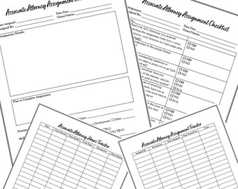 May include: Black and white printable forms for associate attorneys. The forms include a cover sheet, checklist, hours tracker, and assignment tracker. The forms are designed to help attorneys manage their time and assignments.