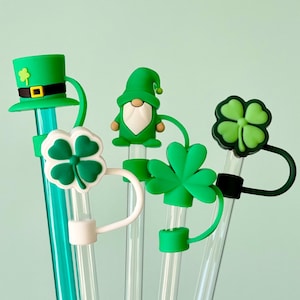 Lucky Clover Straw Topper Flower Tumbler Straw Cover Green Gnome Topper Cute Straw Dust Cover St. Patrick Day Tumbler Accessory Four Leaf
