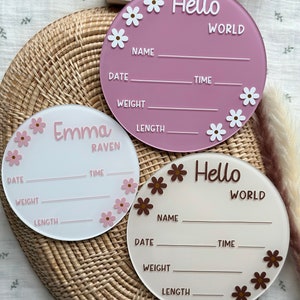 Hello World Baby Stat Sign Acrylic Baby Birth Announcement Daisy Hello World Sign Newborn Hospital Photo Prop Baby Shower Gift for New Mom