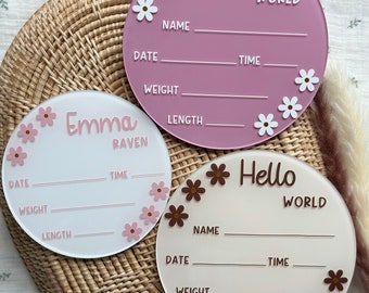 Hello World Baby Stat Sign Acrylic Baby Birth Announcement Daisy Hello World Sign Newborn Hospital Photo Prop Baby Shower Gift for New Mom