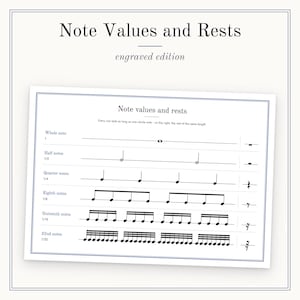 Note Values and Rests Chart, Whole to Sixteenth Notes, Music Theory Poster, Engraved Style
