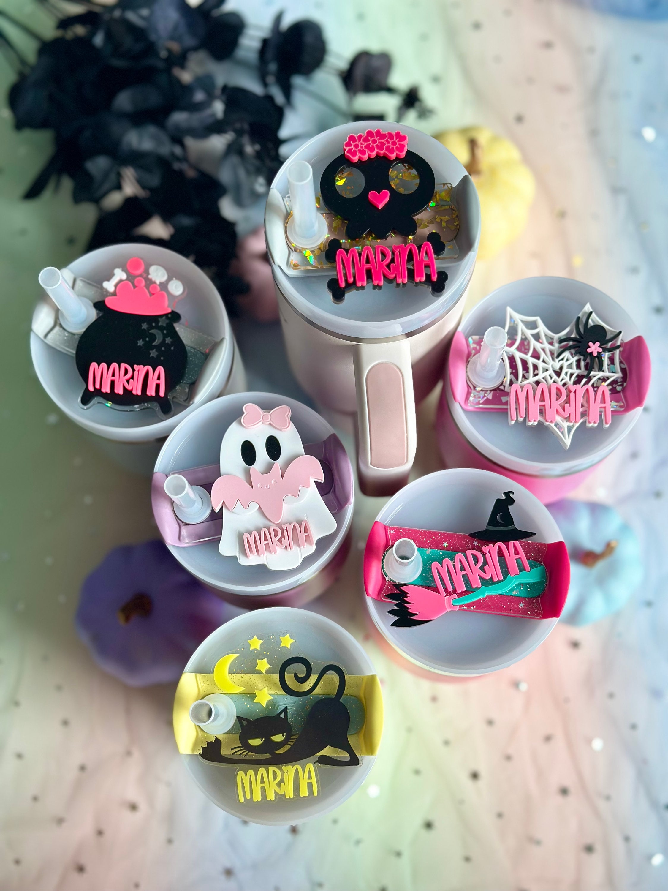 Ghost Tumbler Name Plate Halloween Bat Cup Name Tag Bow Tumbler Lid Accessory Cute Spooky Tumbler Straw Topper Lid Name Tag Straw Cover