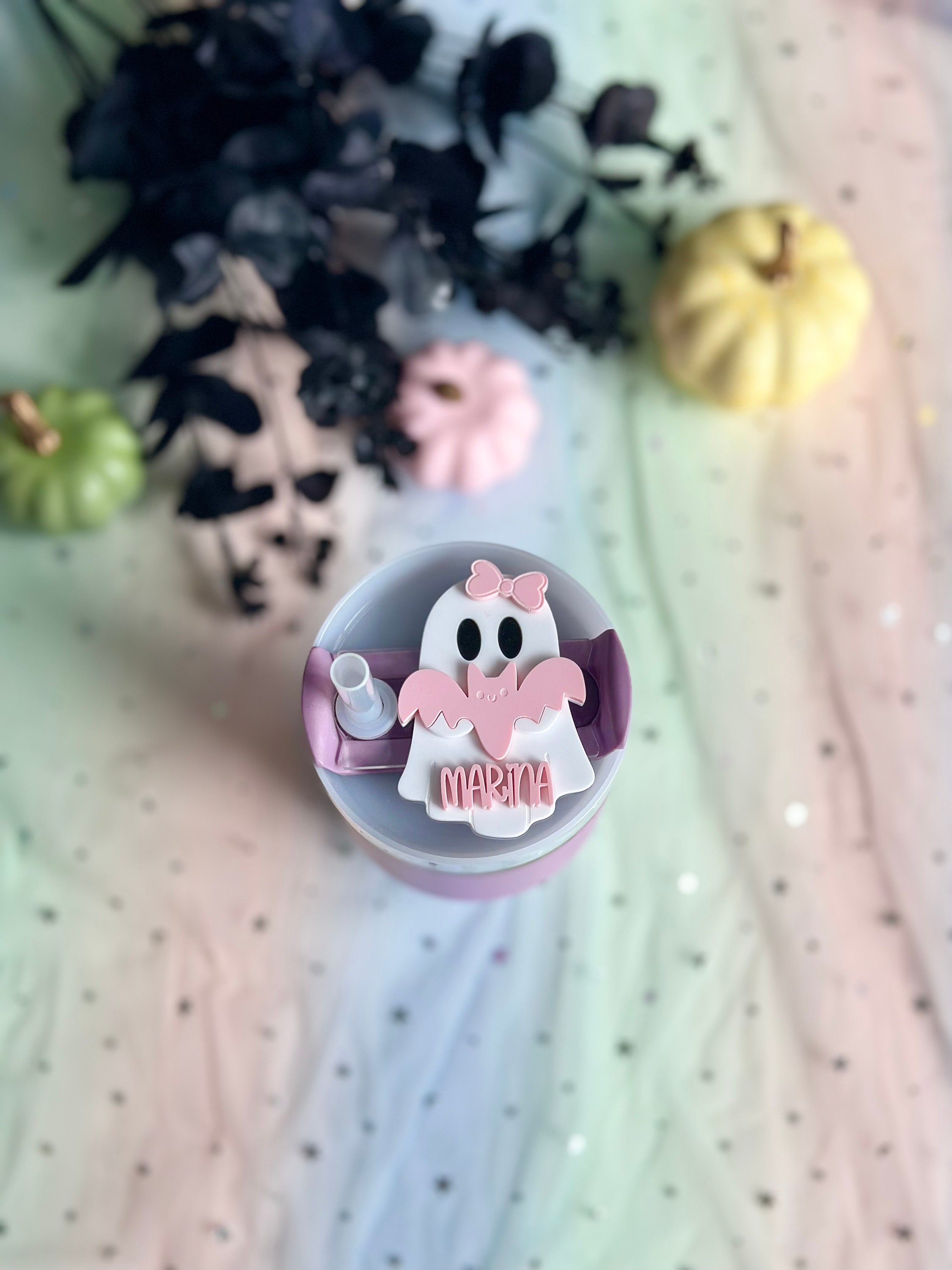 Ghost Tumbler Name Plate Halloween Bat Cup Name Tag Bow Tumbler Lid Accessory Cute Spooky Tumbler Straw Topper Lid Name Tag Straw Cover