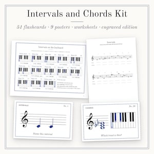 Piano Chords and Intervals Kit, Chord Flashcards, Chord Charts, Worksheets, Engraved Style