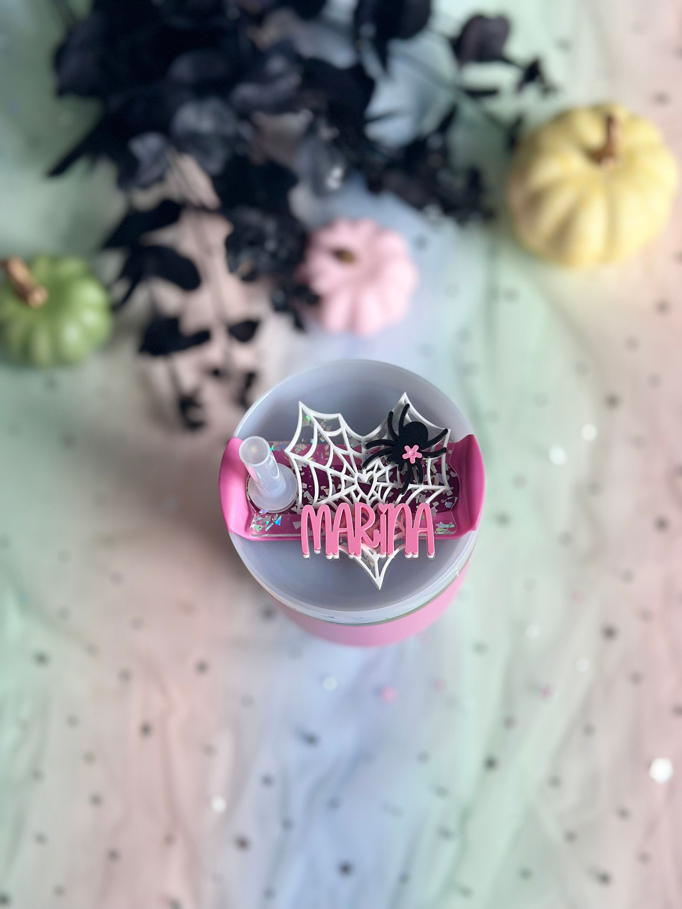Halloween Tumbler Name Plate Spider Cup Name Tag Spider Net Tumbler Lid Accessory Pink Spooky Tumbler Straw Topper Lid Name Tag Straw Cover