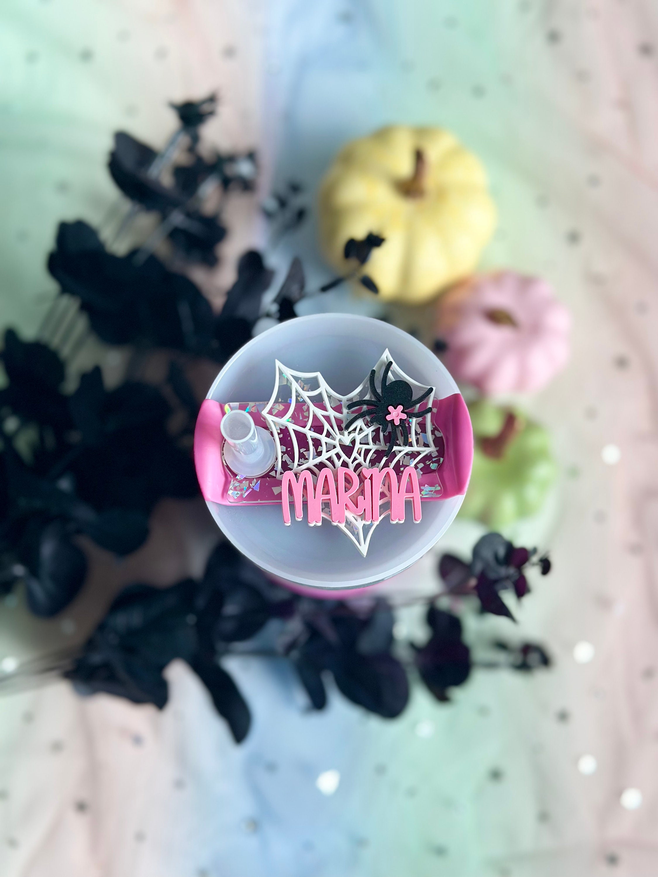 Halloween Tumbler Name Plate Spider Cup Name Tag Spider Net Tumbler Lid Accessory Pink Spooky Tumbler Straw Topper Lid Name Tag Straw Cover