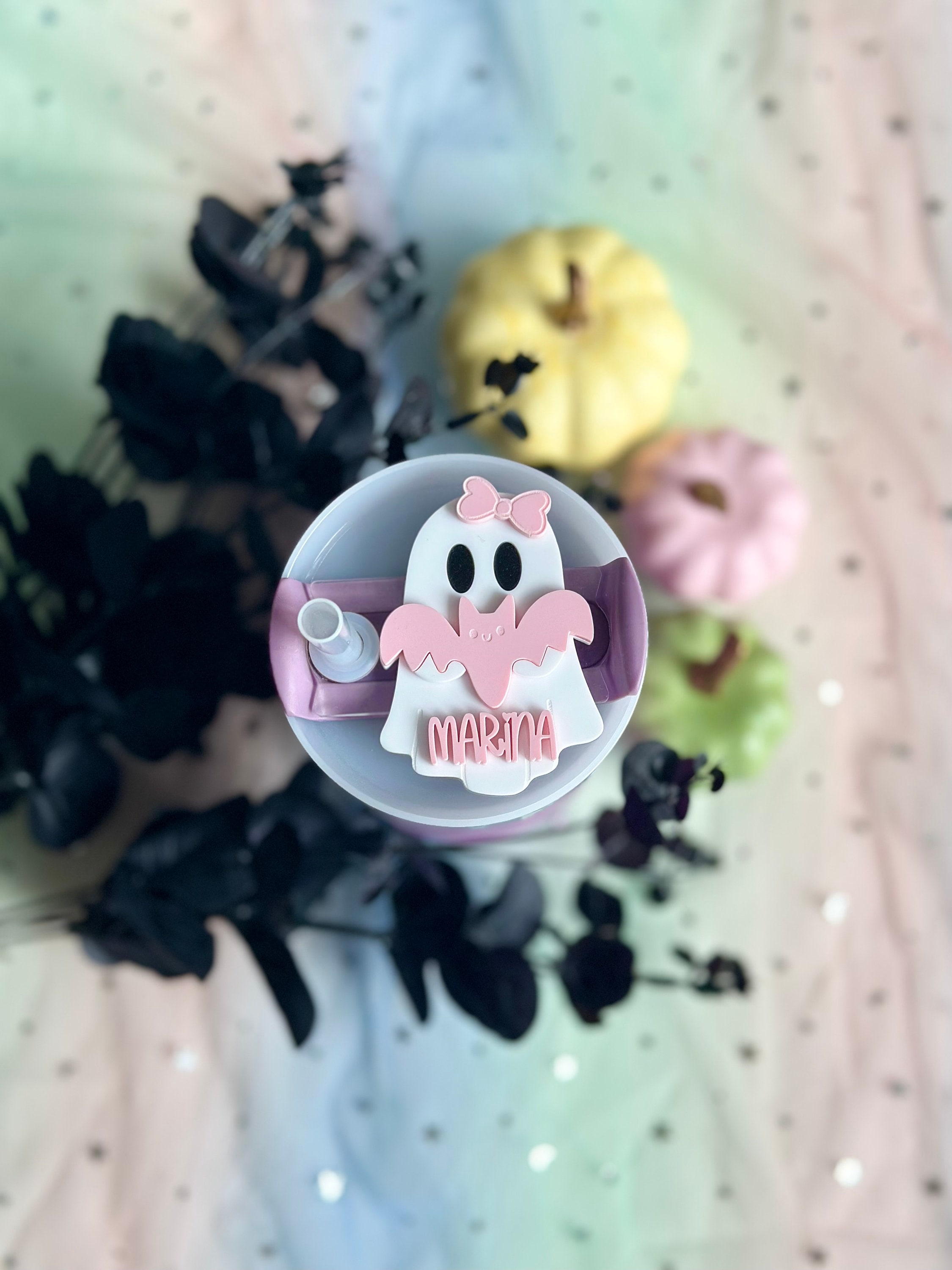 Ghost Tumbler Name Plate Halloween Bat Cup Name Tag Bow Tumbler Lid Accessory Cute Spooky Tumbler Straw Topper Lid Name Tag Straw Cover