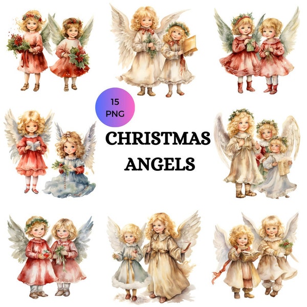 Christmas Angels Watercolor Clipart, Christmas Vintage Clipart PNG, Angels Clipart, Paper craft - Junk Journal, Scrapbooking