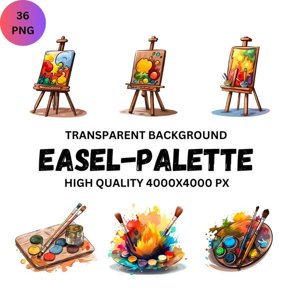 Easel-Pallet Clipart Pack, 36 Transparent, High Quality, Pastel Art Supplies, Cute Artists, Painter, Digital Download, Commercial Use