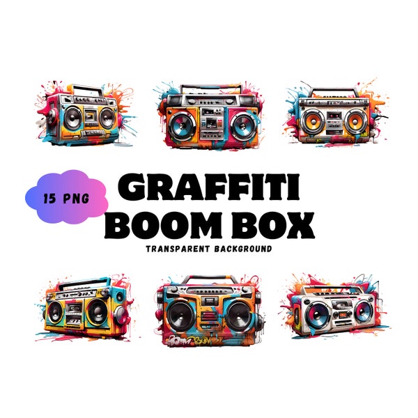 Ensemble de cliparts PNG numérique Graffiti Boom Box - graphismes musicaux vintage, 15 images transparentes de haute qualité pour projets de bricolage, téléchargement immédiat,