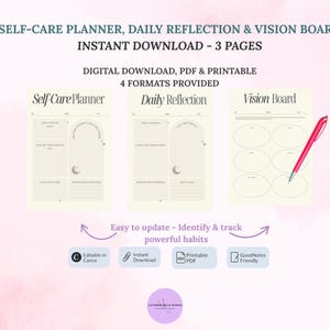 Planificador de autocuidado imprimible / Páginas diarias de gratitud y reflexión / Tablero de visión PDF / Tamaño carta (A4, iPad) / Plantilla editable de Canva