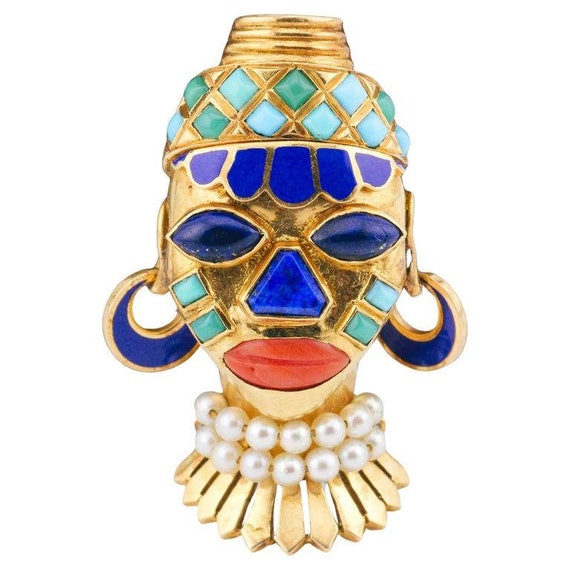 Boucheron Retro Era African Mask Lapis Turquoise … - image 1