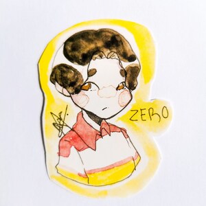 May include: A watercolour illustration of a cartoon character with brown hair, wearing a red and yellow striped shirt. The character has a sad expression and the word "ZERO" is written in yellow below the character.