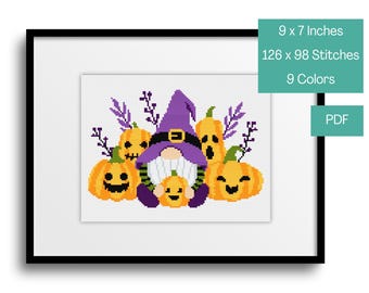 Gnome Cross Stitch Pattern - Halloween Cross Stitch Pattern, Pumpkin Patch Gnome, Witch Gnome, Halloween Gnome, Instant Download