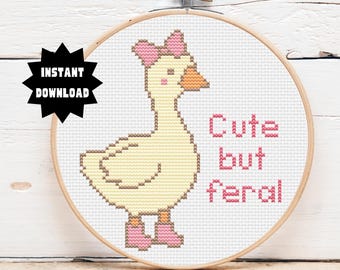 Cute But Feral Goose Cross Stitch Pattern – Funny Goose with Bow – Cottagecore Snarky Cross Stitch – Small Hoop Design –PDF Instant Download
