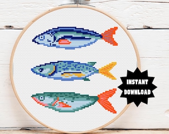 Patrón de punto de cruz de sardinas coloridas – 70 x 70 puntos – Decoración de cocina retro – Punto de cruz costero – Descarga instantánea en PDF