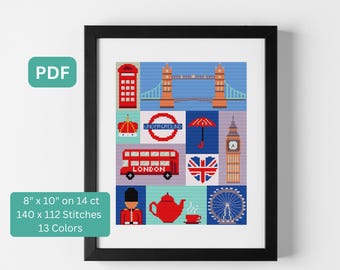 Londres - Collage de Londres - Punto de cruz de viaje - Patrón de punto de cruz de 20 x 25 cm, descarga instantánea en PDF