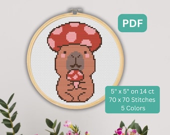 Cute Capybara Cross Stitch Pattern - Mushroom Cross Stitch Pattern - Small Cross Stitch Pattern - Cottage Core Design - Instant PDF Download