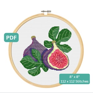 May include: Cross stitch pattern of two figs with green leaves. The pattern is 8 inches by 8 inches and has 112 by 112 stitches.