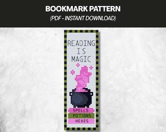Leer es magia: patrón de marcapáginas de punto de cruz / Caldero, libros de hechizos / patrón de marcapáginas de Halloween (descarga en PDF)