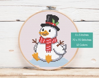 Patrón de punto de cruz de muñeco de nieve y ganso / 70 x 70 puntos / Patrón de ganso divertido / Descarga instantánea en PDF